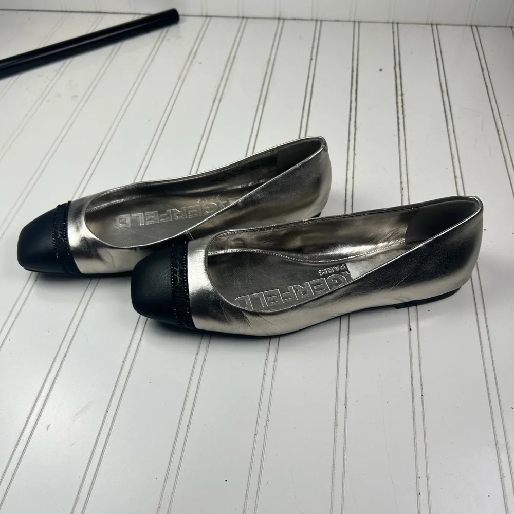 Karl Lagerfeld Vintage Paris Metallic Silver Flats Womenโs Size 8 - Picture 6 of 7